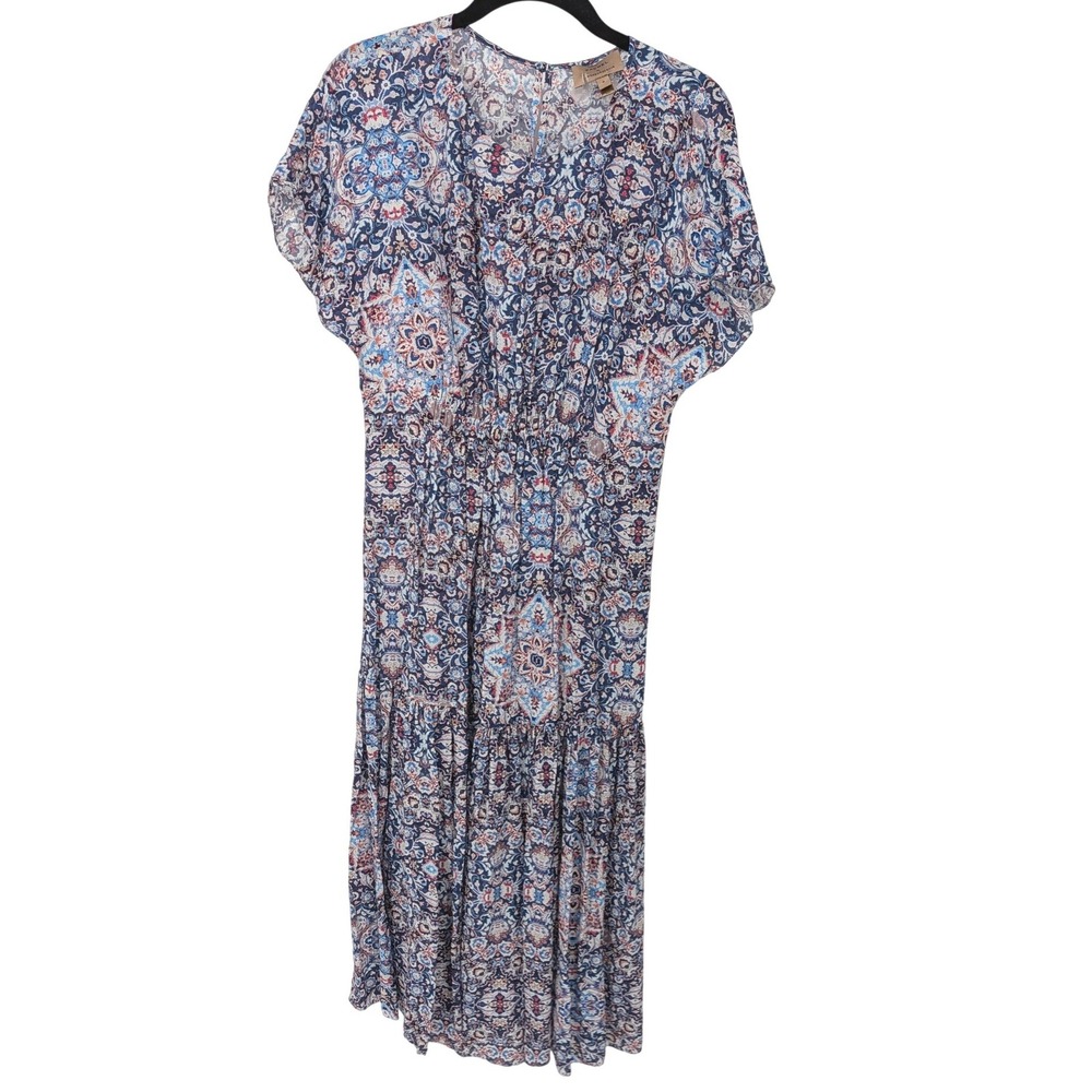Kachel x Anthropologie Midi Dress Womens 6 Blue Floral Silk Blend Smocked Tiered